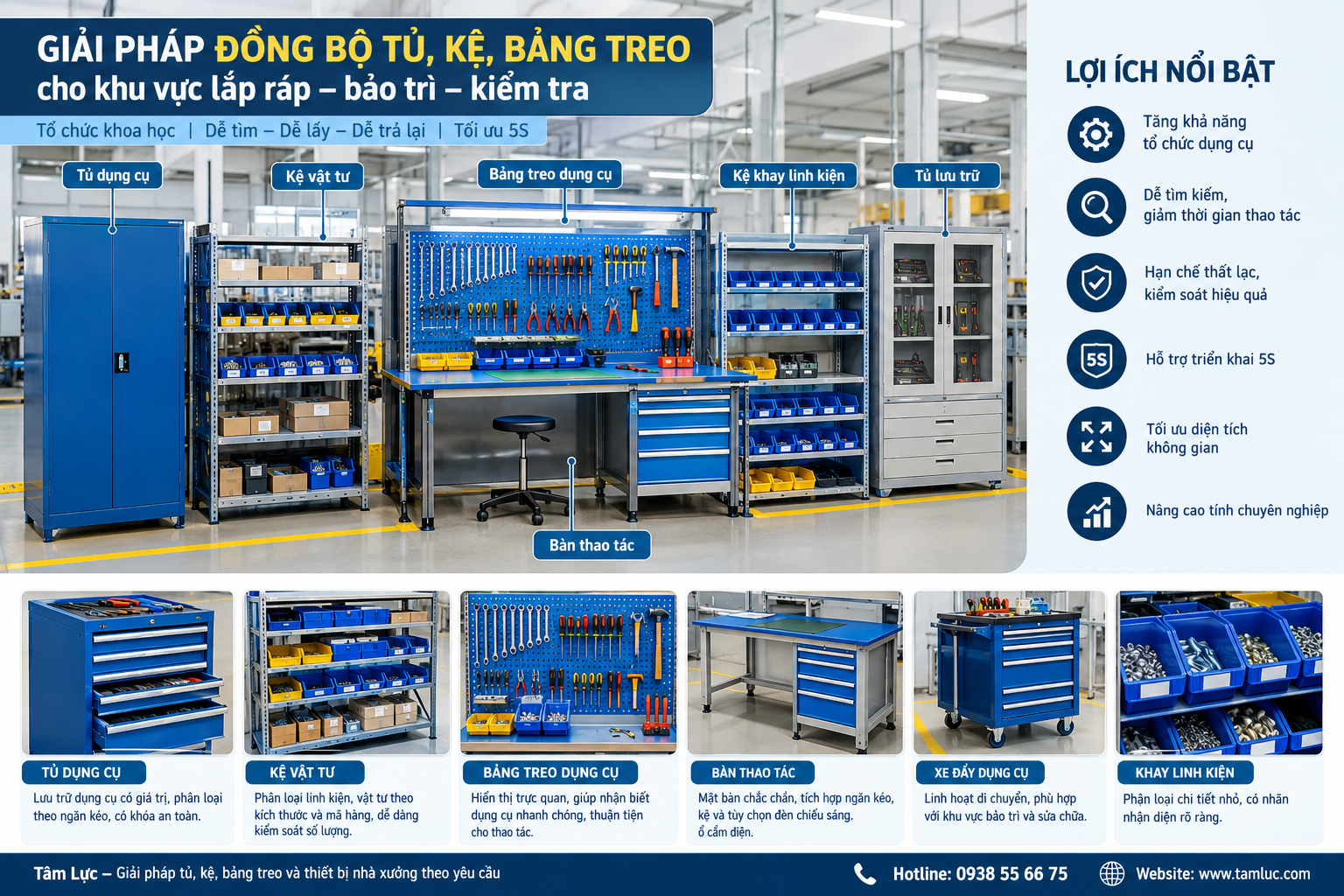 Giải pháp đồng bộ tủ, kệ, bảng treo cho khu vực lắp ráp – bảo trì – kiểm tra