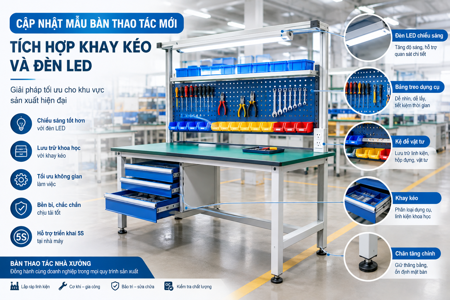 Cập nhật mẫu bàn thao tác mới – tích hợp khay kéo và đèn LED